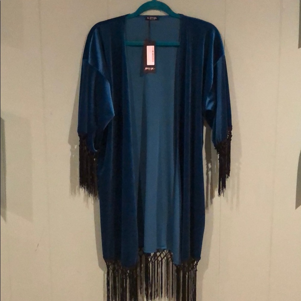 Sapphire/teal velvet kimono w/ black fringe NWT